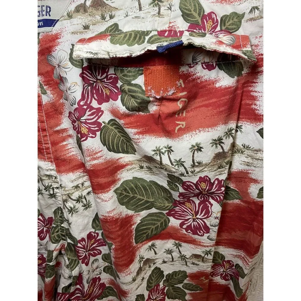 Tommy HilfigerHawaiian Floral Swim Trunks Beach Shorts Palm Trees Red White S‎